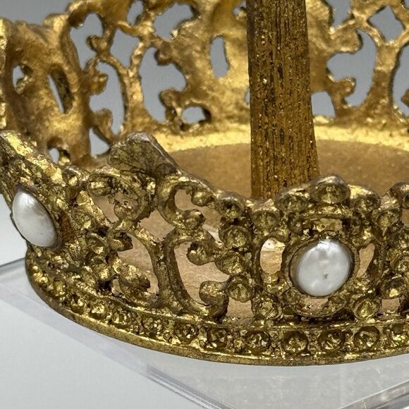 Vtg Crown Shaped Ring Jewelry Holder Trinket Dish Gold Tone Bead Accents Vanity - Picture 6 of 6